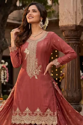 Tora silk embroidered palazzo suit with matching dupatta