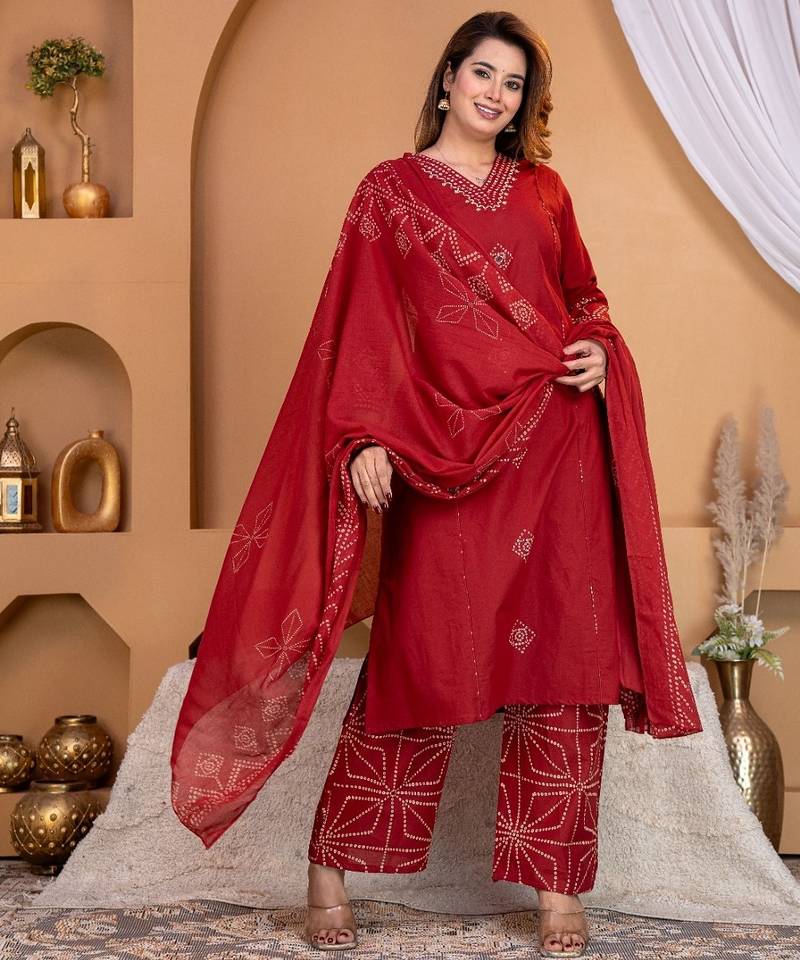 Cotton a-line kurti-pant-dupatta set