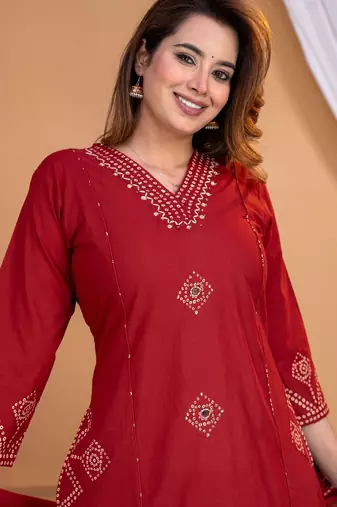 Cotton a-line kurti-pant-dupatta set