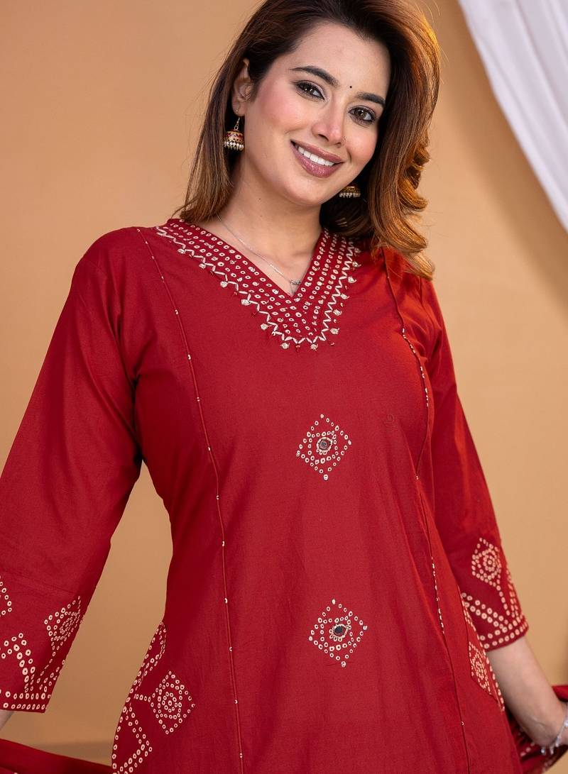 Cotton a-line kurti-pant-dupatta set