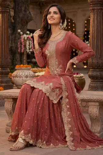 Tora silk embroidered palazzo suit with matching dupatta