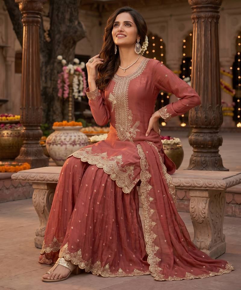 Tora silk embroidered palazzo suit with matching dupatta