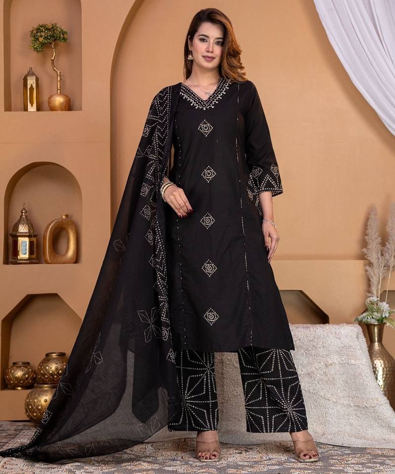 Cotton a-line kurti-pant-dupatta set