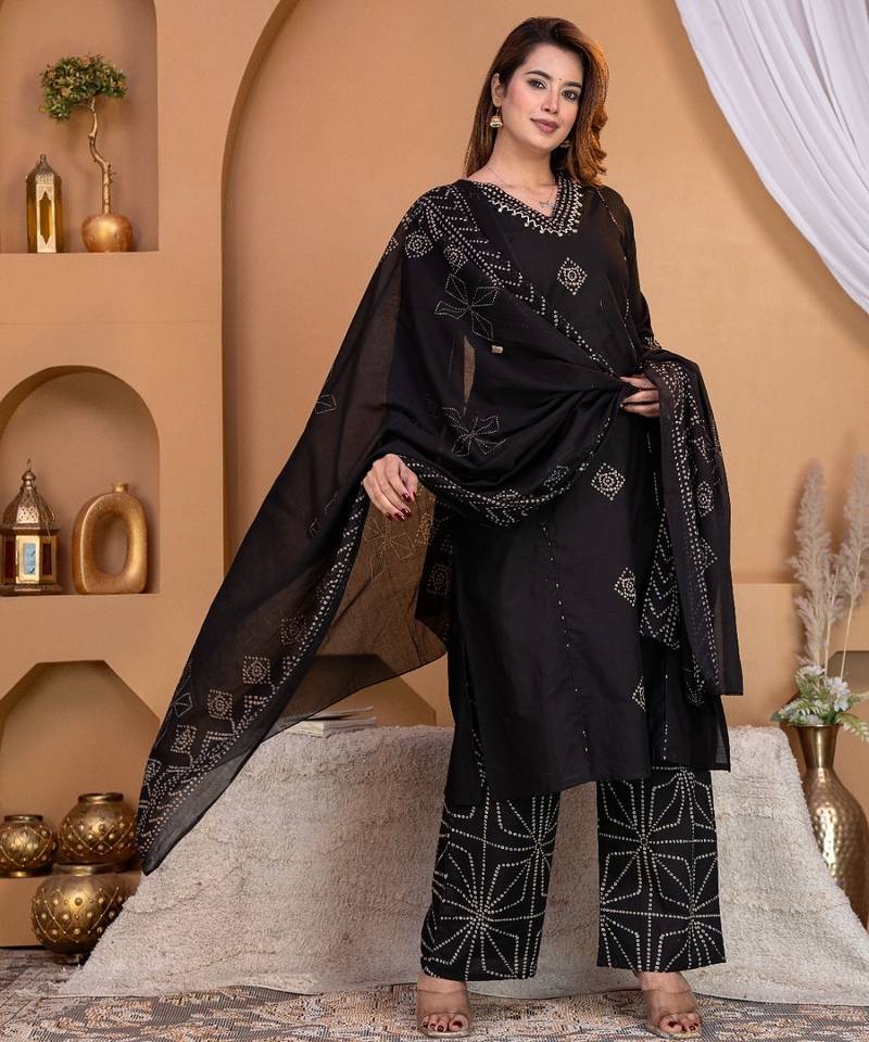 Cotton a-line kurti-pant-dupatta set