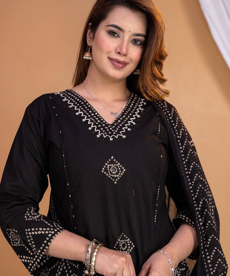 Cotton a-line kurti-pant-dupatta set