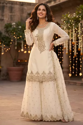 Tora silk embroidered palazzo suit with matching dupatta