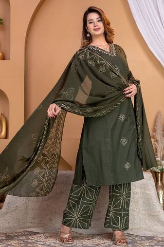 Cotton a-line kurti-pant-dupatta set