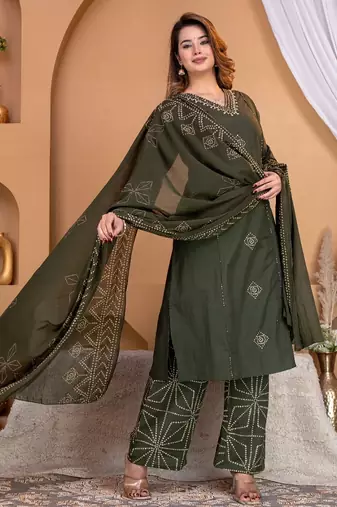 Cotton a-line kurti-pant-dupatta set