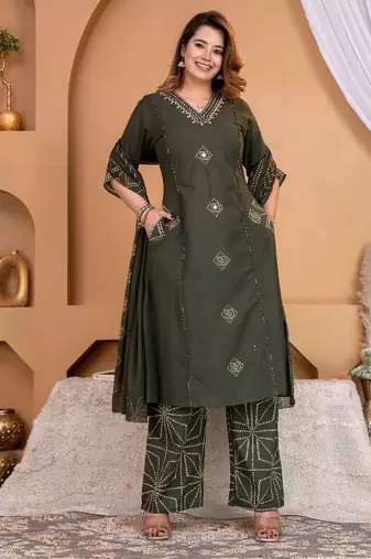 Cotton a-line kurti-pant-dupatta set