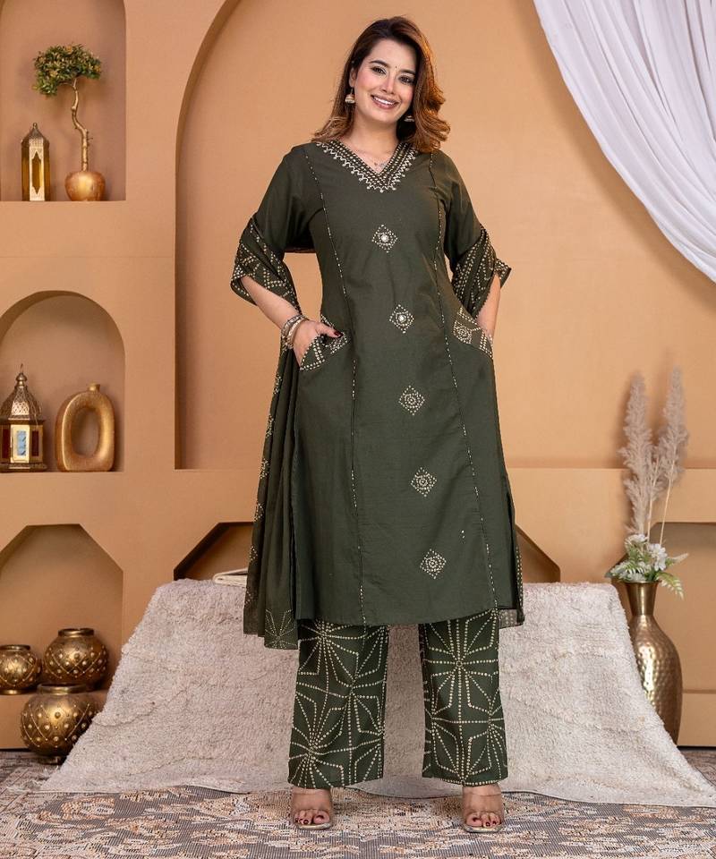 Cotton a-line kurti-pant-dupatta set