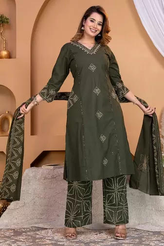 Cotton a-line kurti-pant-dupatta set