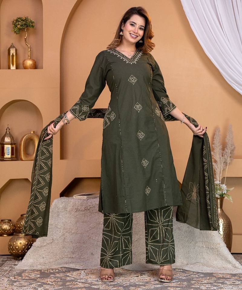 Cotton a-line kurti-pant-dupatta set