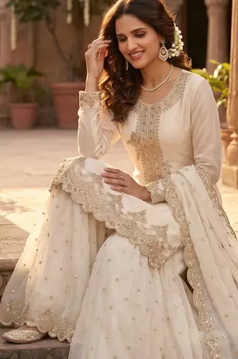 Tora silk embroidered palazzo suit with matching dupatta