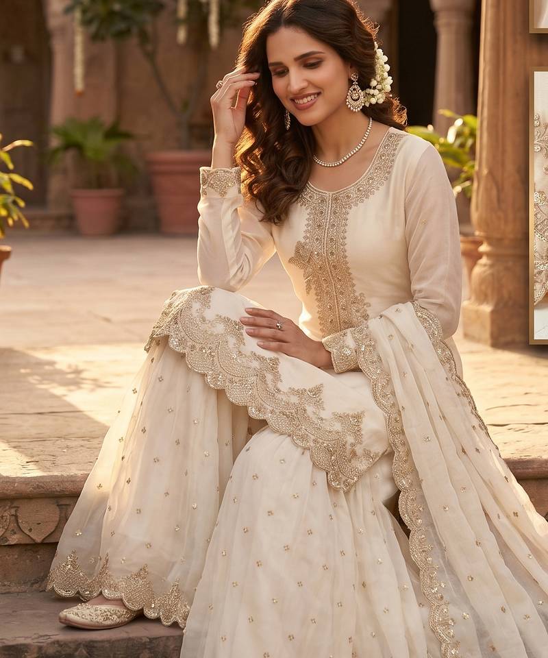 Tora silk embroidered palazzo suit with matching dupatta