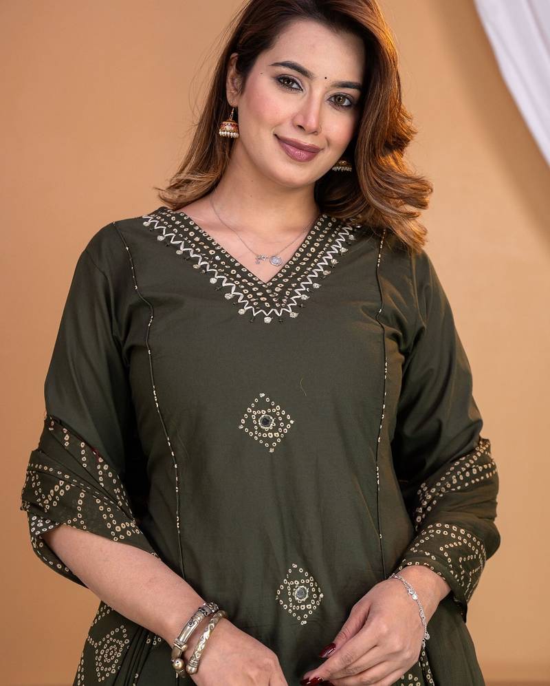 Cotton a-line kurti-pant-dupatta set