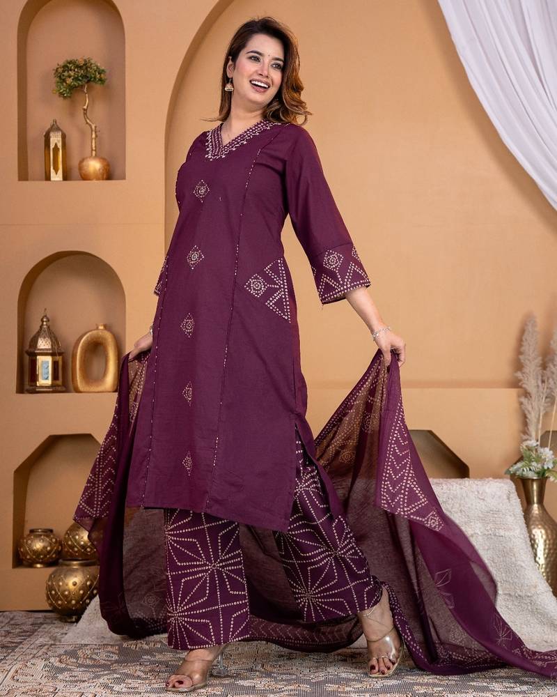 Cotton a-line kurti-pant-dupatta set