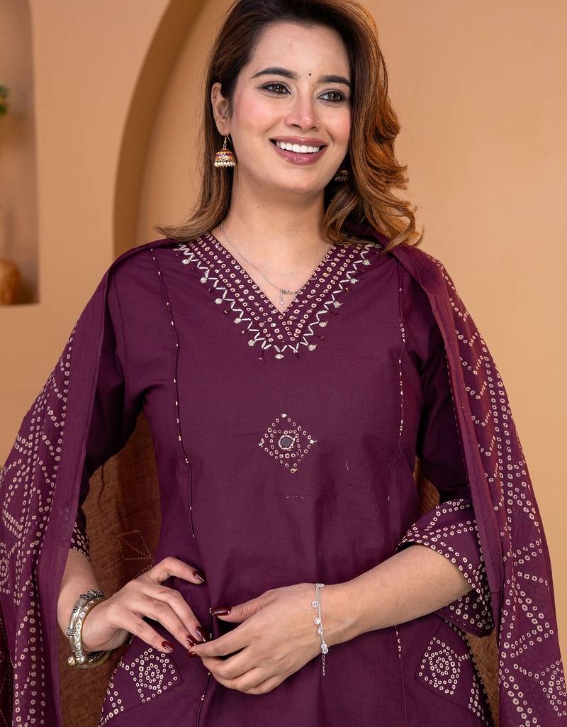 Cotton a-line kurti-pant-dupatta set