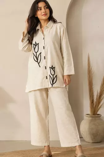 Cotton cambric linen kurti-pant cord set