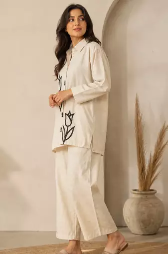 Cotton cambric linen kurti-pant cord set