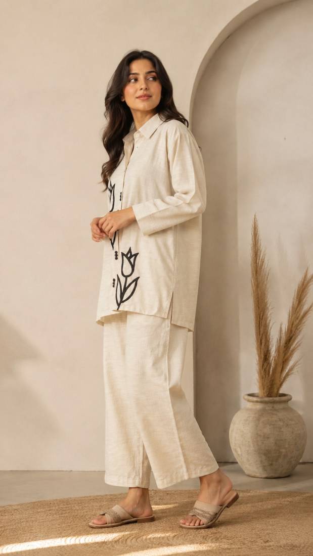 Cotton cambric linen kurti-pant cord set