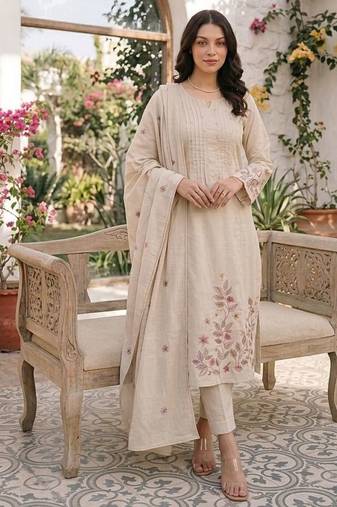 Cotton cambric a-line kurti-pant-dupatta set