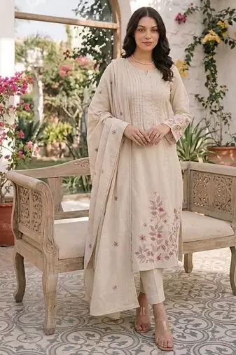 Cotton cambric a-line kurti-pant-dupatta set
