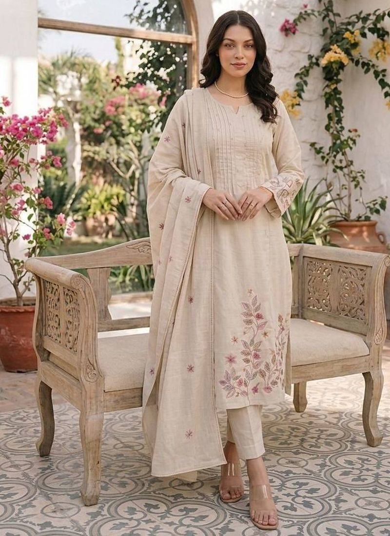 Cotton cambric a-line kurti-pant-dupatta set