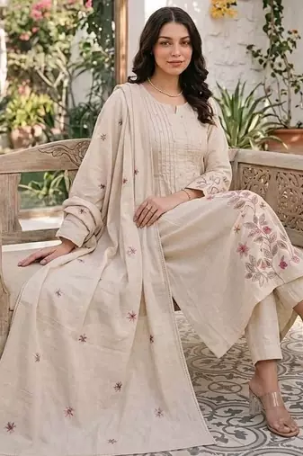 Cotton cambric a-line kurti-pant-dupatta set