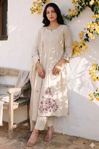 Cotton cambric a-line kurti-pant-dupatta set