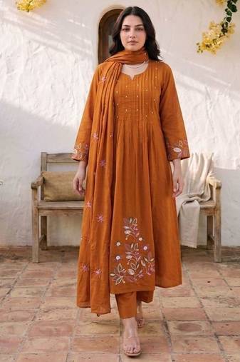 Cotton cambric a-line kurti-pant-dupatta set