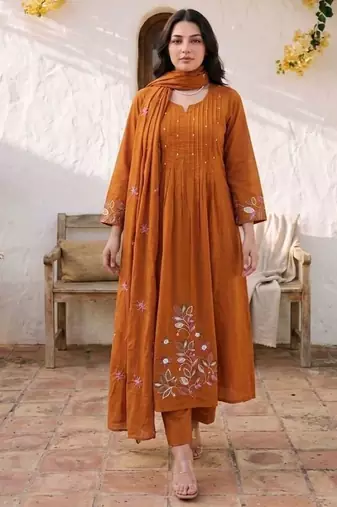 Cotton cambric a-line kurti-pant-dupatta set