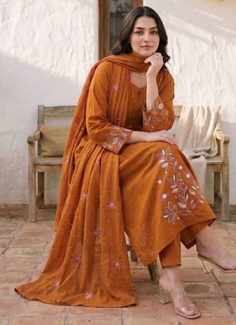 Cotton cambric a-line kurti-pant-dupatta set