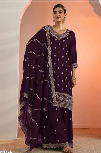 Wine color embroideried faux georgette semi stitched salwar suit