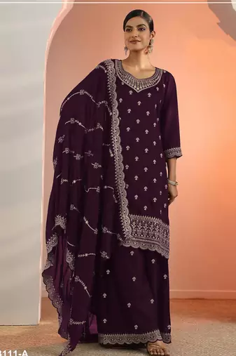 Wine color embroideried faux georgette semi stitched salwar suit