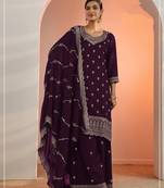 Wine color embroideried faux georgette semi stitched salwar suit