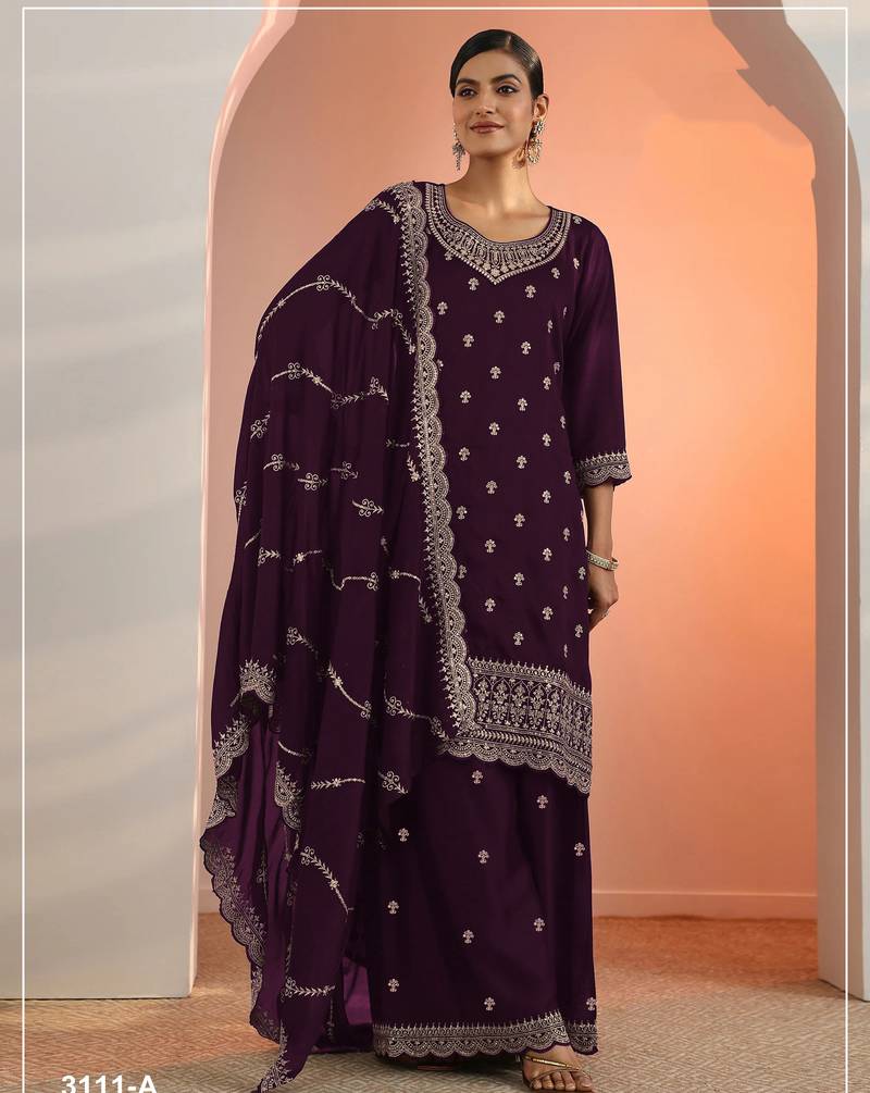 Wine color embroideried faux georgette semi stitched salwar suit