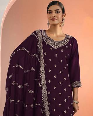 Wine embroidered faux georgette salwar suit 2