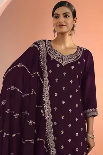 Wine embroidered faux georgette salwar suit