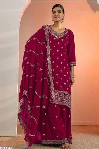 Cherry color embroideried faux georgette semi stitched salwar suit