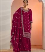 Cherry color embroideried faux georgette semi stitched salwar suit