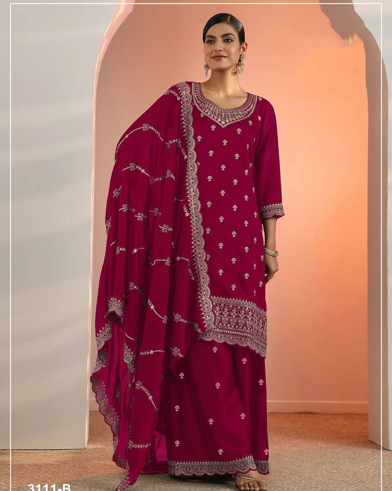 Cherry color embroideried faux georgette semi stitched salwar suit