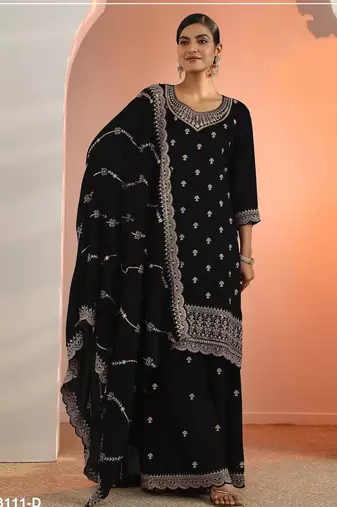 Black color embroideried faux georgette semi stitched salwar suit