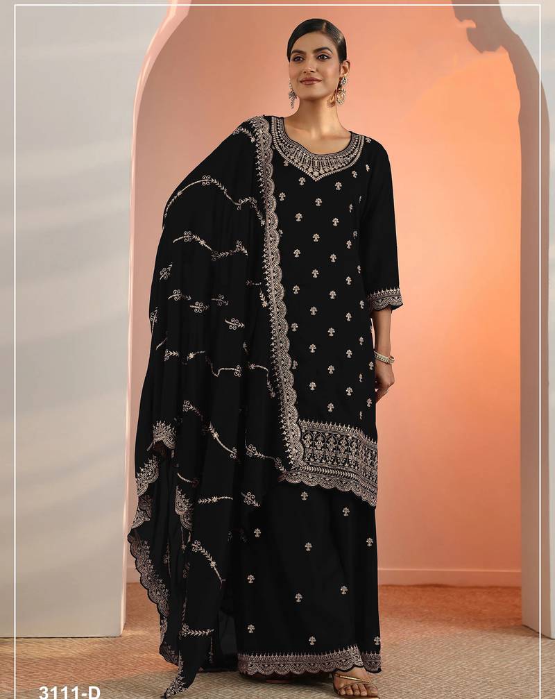 Black color embroideried faux georgette semi stitched salwar suit