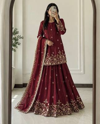 Maroon Heavy Embroidery Sequins Work Lehenga Set 1