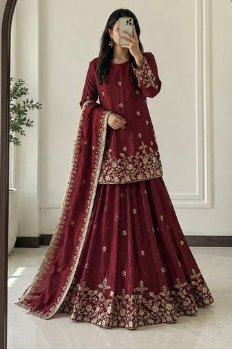 Maroon Heavy Embroidery Sequins Work Lehenga  Set