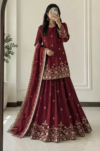 Maroon Heavy Embroidery Sequins Work Lehenga  Set