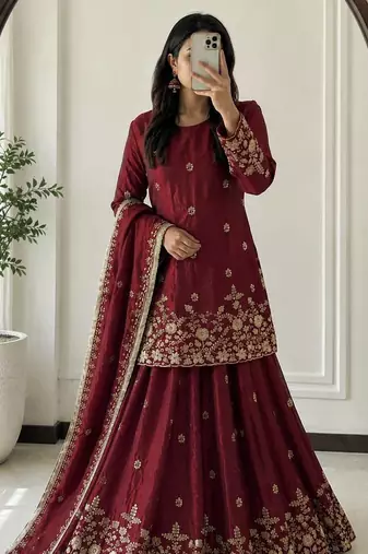 Maroon Heavy Embroidery Sequins Work Lehenga Set