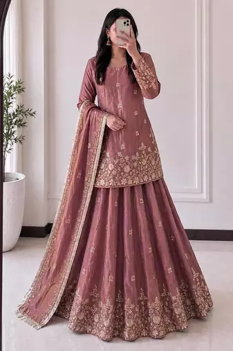 Purple Heavy Embroidery Sequins Work Kurta Set