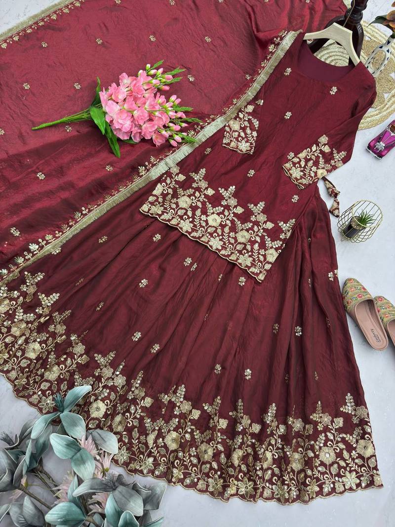 Maroon Heavy Embroidery Sequins Work Lehenga  Set