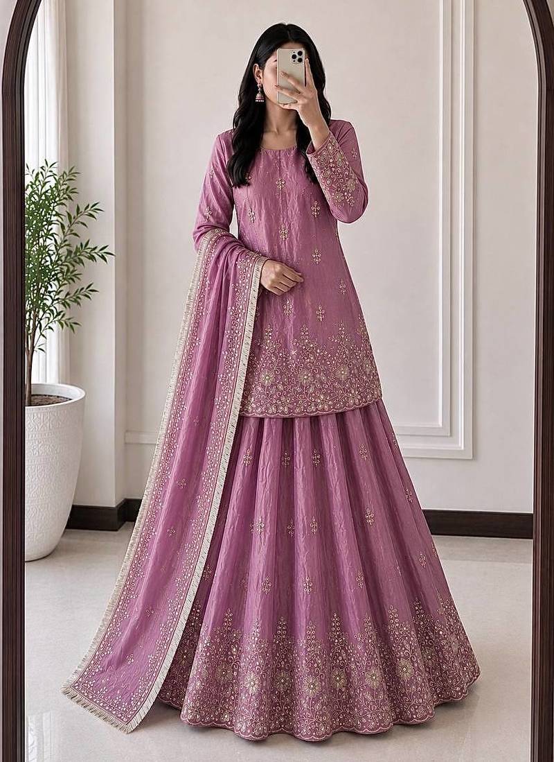 Pink Heavy Embroidery Sequins Work Kurta Set